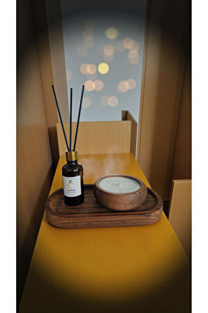 Portakal Mum&Koku Set-Ahşap Tabak Pamuk Fitil Bambu Oda Kokusu (50 ml)