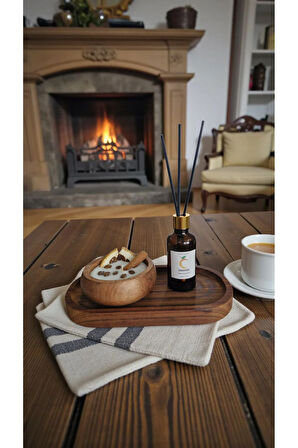 Portakal Mum&Koku Set-Ahşap Tabak Pamuk Fitil Bambu Oda Kokusu (50 ml) Tarçın-Kahve