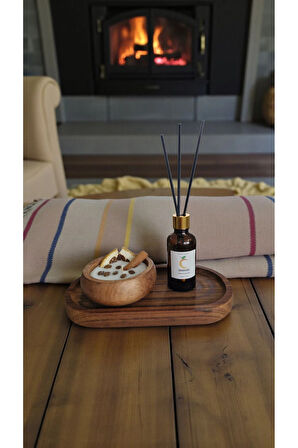 Portakal Mum&Koku Set-Ahşap Tabak Pamuk Fitil Bambu Oda Kokusu (50 ml) Tarçın-Kahve
