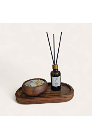 Portakal Mum&Koku Set-Ahşap Tabak Pamuk Fitil Bambu Oda Kokusu (50 ml) Lavanta Üzerlik