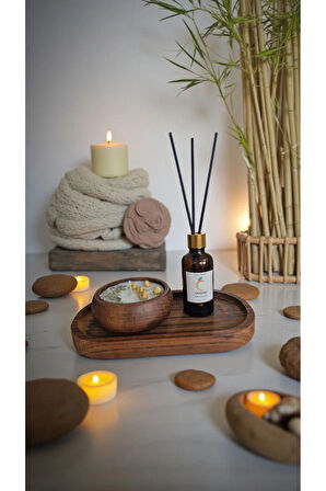 Portakal Mum&Koku Set-Ahşap Tabak Pamuk Fitil Bambu Oda Kokusu (50 ml) Lavanta Üzerlik