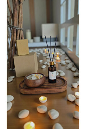Portakal Mum&Koku Set-Ahşap Tabak Pamuk Fitil Bambu Oda Kokusu (50 ml) Lavanta Üzerlik