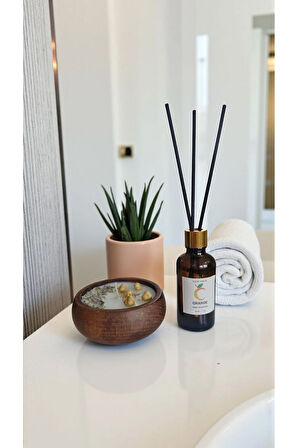 Portakal Mum&Koku Set-Ahşap Lavanta Üzerlik Pamuk Fitil Bambu Oda Kokusu (50 ml)