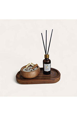 Portakal Mum&Koku Set-Ahşap Tabak Pamuk Fitil Bambu Oda Kokusu (50 ml) Tarçın-Kahve