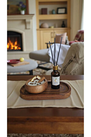 Portakal Mum&Koku Set-Ahşap Tabak Pamuk Fitil Bambu Oda Kokusu (50 ml) Tarçın-Kahve