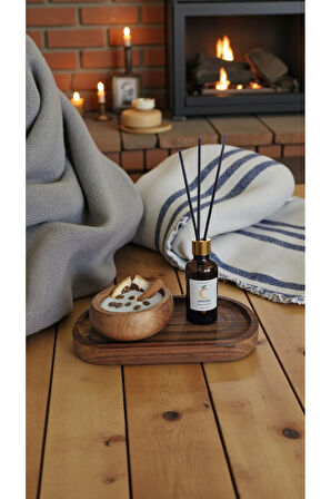 Portakal Mum&Koku Set-Ahşap Tabak Pamuk Fitil Bambu Oda Kokusu (50 ml) Tarçın-Kahve