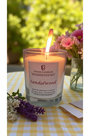 Cam Bardakta %100 Doğal Sandal Kokulu Aromaterapi Soya Mum – El Yapımı, 180 gr, 40 Saat