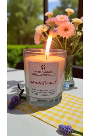 Cam Bardakta %100 Doğal Sandal Kokulu Aromaterapi Soya Mum – El Yapımı, 180 gr, 40 Saat
