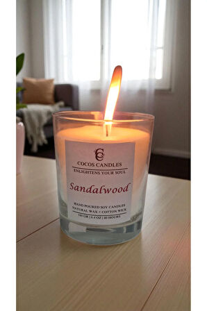Cam Bardakta %100 Doğal Sandal Kokulu Aromaterapi Soya Mum – El Yapımı, 180 gr, 40 Saat