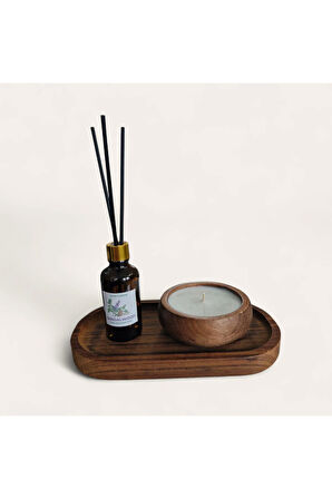 Sandal Mum&Koku Set-Ahşap Tabak Pamuk Fitil Bambu Oda Kokusu (50 ml)