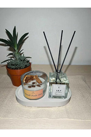 Dekoratif 3’lü Hediye Seti | Soya Mum (Portakal, Kahve, Tarçın) + Zambak Esanslı Bambu Oda Kokusu