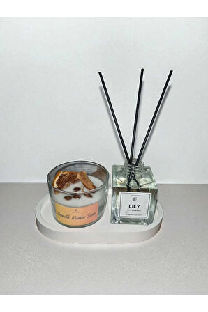 Dekoratif 3’lü Hediye Seti | Soya Mum (Portakal, Kahve, Tarçın) + Zambak Esanslı Bambu Oda Kokusu