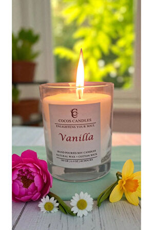 Cam Bardakta %100 Doğal Vanilya Kokulu Aromaterapi Soya Mum – El Yapımı, 180 gr, 40 Saat