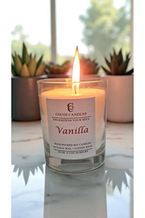 Cam Bardakta %100 Doğal Vanilya Kokulu Aromaterapi Soya Mum – El Yapımı, 180 gr, 40 Saat