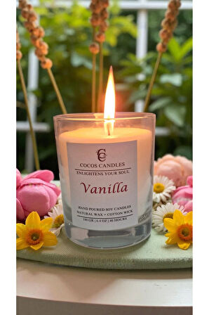 Cam Bardakta %100 Doğal Vanilya Kokulu Aromaterapi Soya Mum – El Yapımı, 180 gr, 40 Saat