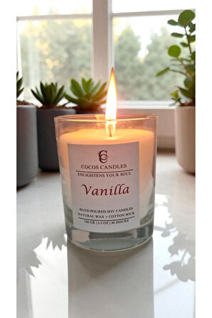 Cam Bardakta %100 Doğal Vanilya Kokulu Aromaterapi Soya Mum – El Yapımı, 180 gr, 40 Saat