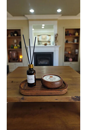 Vanilya Mum&Koku Set-Ahşap Tabak Ahşap Fitil Bambu Oda Kokusu (50 ml)