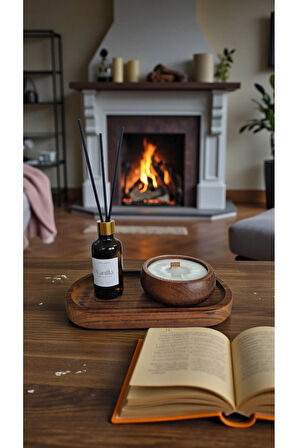 Vanilya Mum&Koku Set-Ahşap Tabak Ahşap Fitil Bambu Oda Kokusu (50 ml)