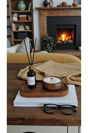 Vanilya Mum&Koku Set-Ahşap Tabak Ahşap Fitil Bambu Oda Kokusu (50 ml)