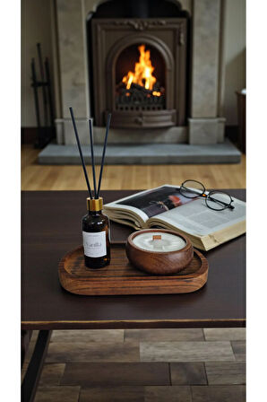 Vanilya Mum&Koku Set-Ahşap Tabak Ahşap Fitil Bambu Oda Kokusu (50 ml)
