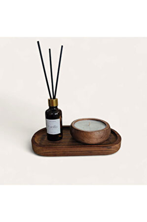 Vanilya Mum&Koku Set-Ahşap Tabak Pamuk Fitil Bambu Oda Kokusu (50 ml)