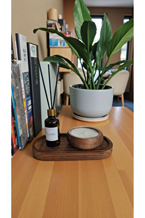 Vanilya Mum&Koku Set-Ahşap Tabak Pamuk Fitil Bambu Oda Kokusu (50 ml)