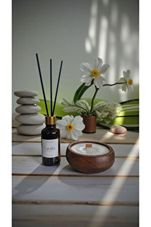 Vanilya Mum&Koku Set-Ahşap Fitil Bambu Oda Kokusu (50 ml)