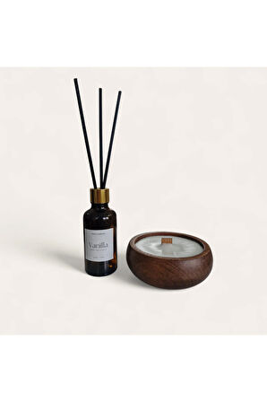 Vanilya Mum&Koku Set-Ahşap Fitil Bambu Oda Kokusu (50 ml)