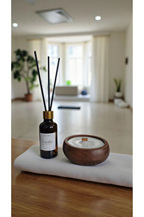 Vanilya Mum&Koku Set-Ahşap Fitil Bambu Oda Kokusu (50 ml)