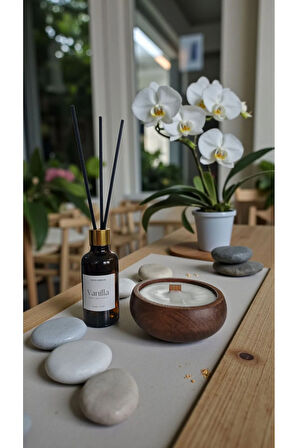 Vanilya Mum&Koku Set-Ahşap Fitil Bambu Oda Kokusu (50 ml)