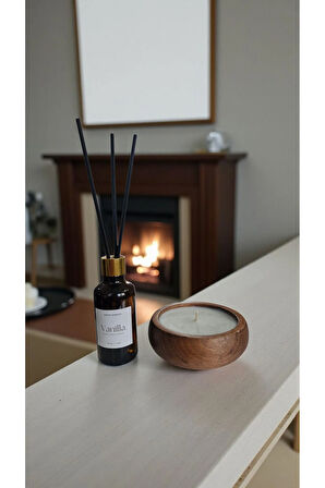 Vanilya Mum&Koku Set-Ahşap Pamuk Fitil Bambu Oda Kokusu (50 ml)