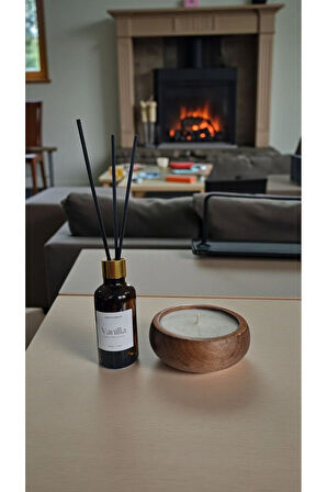 Vanilya Mum&Koku Set-Ahşap Pamuk Fitil Bambu Oda Kokusu (50 ml)