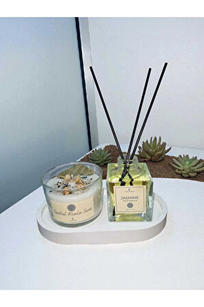 Dekoratif 3’lü Hediye Seti, Mum ve Bambu Oda Kokusu