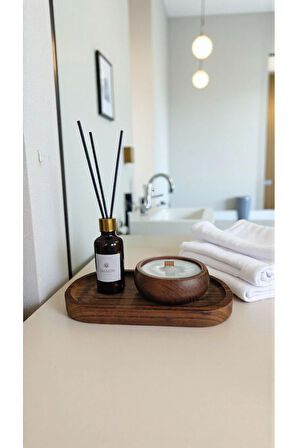 Yasemin Mum&Koku Set-Ahşap Tabak Ahşap Fitil Bambu Oda Kokusu (50 ml)