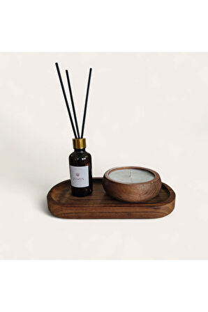 Yasemin Mum&Koku Set-Ahşap Tabak Pamuk Fitil Bambu Oda Kokusu (50 ml)