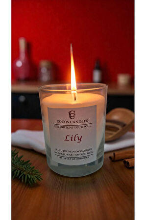 Cam Bardakta %100 Doğal Zambak Kokulu Aromaterapi Soya Mum – El Yapımı, 180 gr, 40 Saat