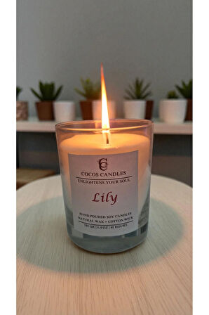 Cam Bardakta %100 Doğal Zambak Kokulu Aromaterapi Soya Mum – El Yapımı, 180 gr, 40 Saat