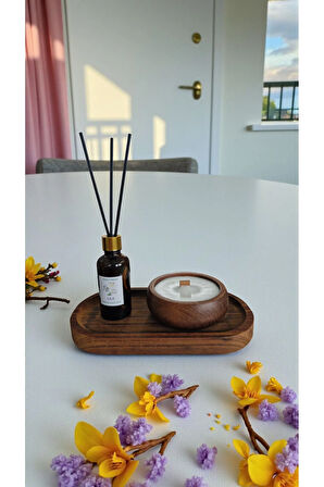 Zambak Mum&Koku Set-Ahşap Tabak Ahşap Fitil Bambu Oda Kokusu (50 ml)