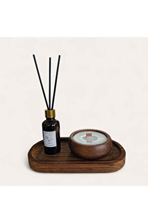 Zambak Mum&Koku Set-Ahşap Tabak Ahşap Fitil Bambu Oda Kokusu (50 ml)