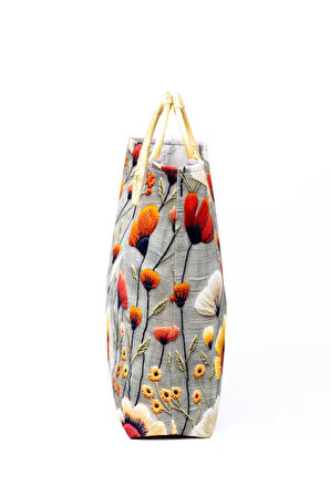 Desenli Duck Kumaş Bambu Saplı Omuz Çantası