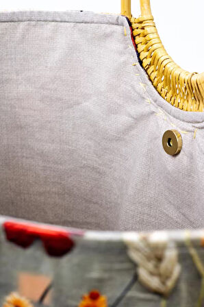 Desenli Duck Kumaş Bambu Saplı Omuz Çantası