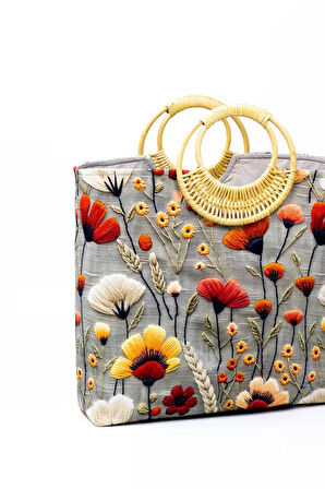 Desenli Duck Kumaş Bambu Saplı Omuz Çantası