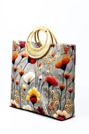 Desenli Duck Kumaş Bambu Saplı Omuz Çantası