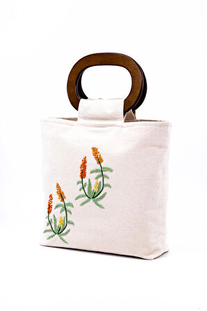 Kanvas Kumaş Ahşap Kulplu İşlemeli Çanta