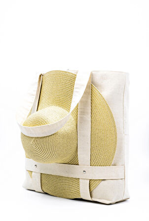 Krem Kanvas Şapka Askılı Plaj Çantası