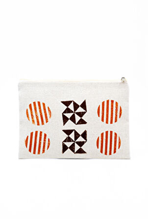 Bej Keten Geometrik Desenli El Çantası