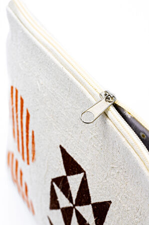 Bej Keten Geometrik Desenli El Çantası