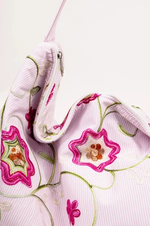 Omuz Çanta Nakışlı Kumaş Pembe Desen