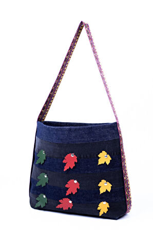 Omuz Çanta Denim Renkli Yaprak Detay