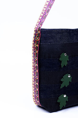 Omuz Çanta Denim Renkli Yaprak Detay